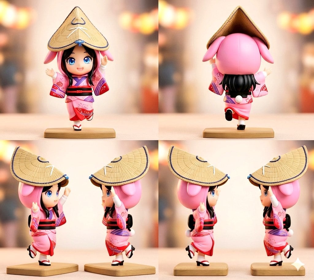 Using the provided reference image, isolate the front-center dancer and transform her into a cute collectible chibi figure inspired by the same Awa Odori pose and costume. Keep the pink k...