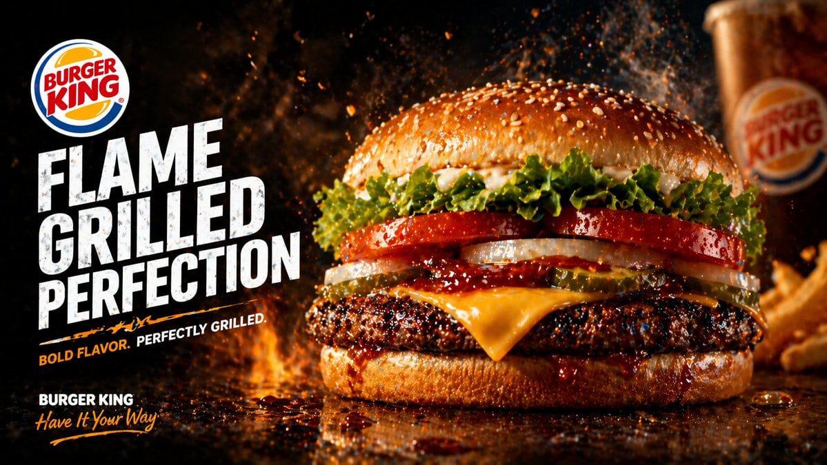 Create a dramatic fast-food advertising poster in a cinematic studio style for BURGER KING. Use a wide landscape composition with the hero burger dominating the right half of the frame an...