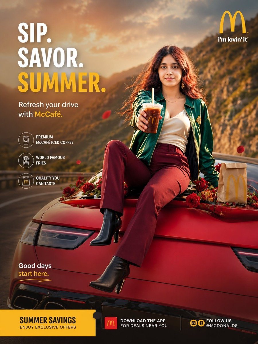 Create a premium vertical fast-food lifestyle advertisement in a polished commercial photography style, designed like a summer campaign poster for McDonald's and McCafé. Show a glamorous...