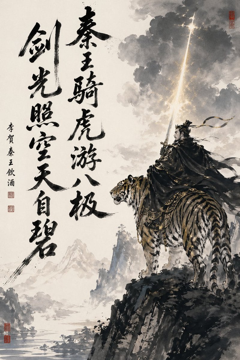 This prompt generates a dramatic Chinese calligraphy and ink-painting style fantasy illustration suited for poster art, literary visuals, or heroic mythic scene design.