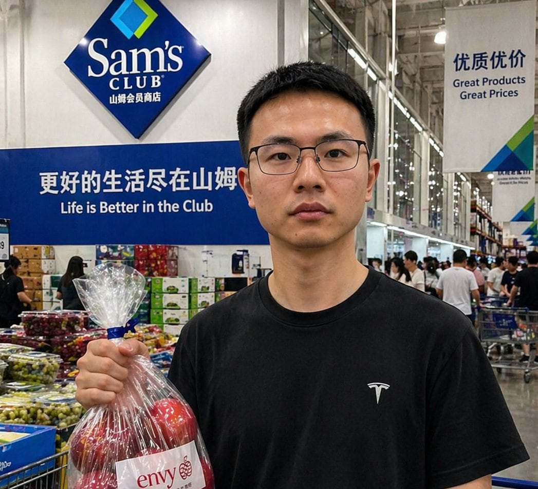 A candid, highly realistic smartphone photo inside a busy Sam’s Club warehouse store in China. Center the composition on a young East Asian man from mid-torso up, standing upright and fac...