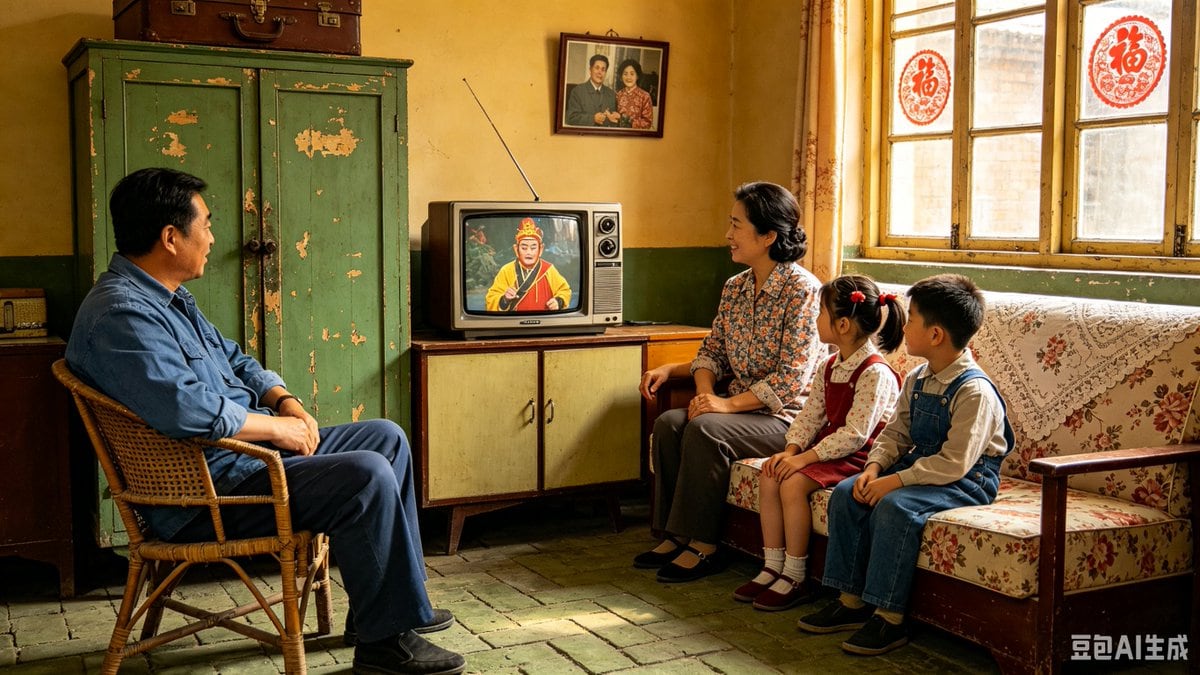 A warm, realistic cinematic interior scene of a Chinese family of four in the 1980s sitting at home watching television. The room is modest and nostalgic, lit by soft afternoon sunlight c...