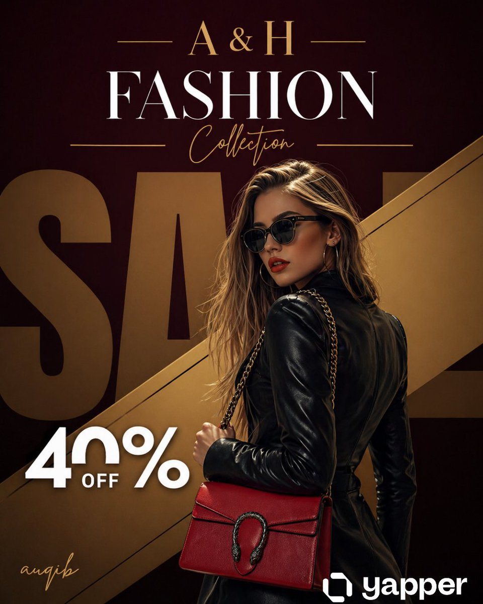 Luxury fashion sale poster, premium editorial style. A confident high-fashion female model wearing a sleek black leather dress and oversized sunglasses, holding a bold red designer handba...