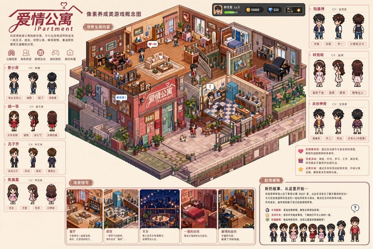 生成包含角色视图和场景细节的像素风游戏概念图。