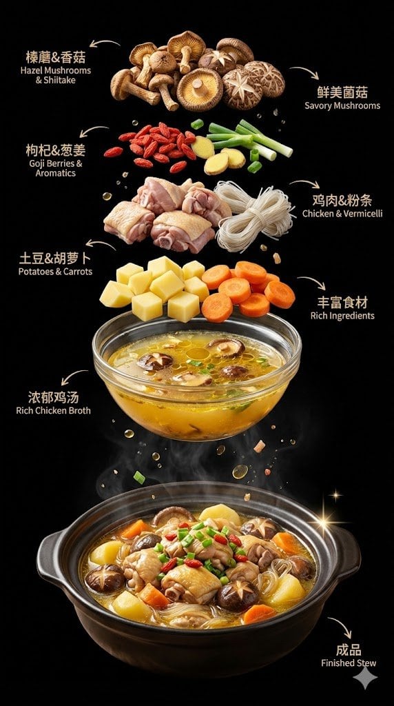 Create a dramatic vertical food advertisement on a pure black background, styled like a premium ingredient breakdown poster for a hearty Chinese chicken mushroom vermicelli stew. Use a cl...