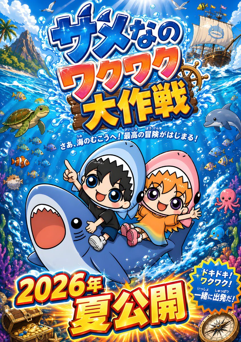 A bright, hyper-energetic Japanese movie poster illustration in a polished anime chibi style, set in a sparkling tropical ocean adventure scene. Center the composition on 2 cute chibi chi...
