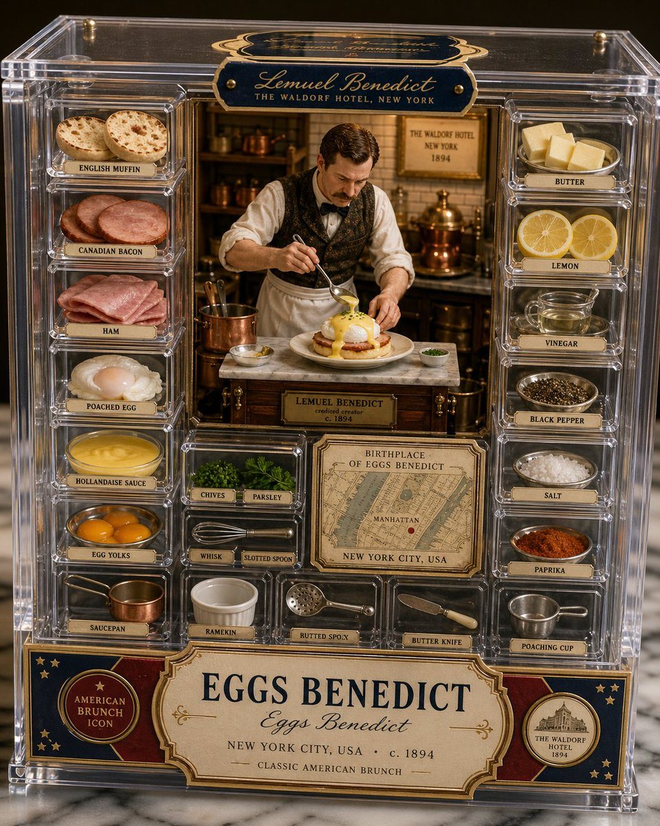 This prompt generates a premium artisan food-photography image of Eggs Benedict presented as a collectible acrylic box with a miniature inventor kitchen scene, labeled ingredients, tools, and origin details.