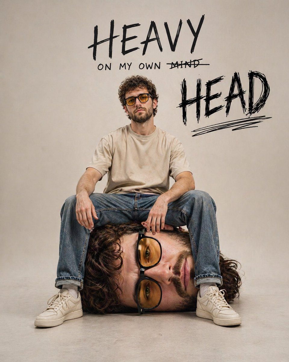 A creative prompt for a surreal portrait of a man sitting on a large version of his own detached head, styled as a minimalist streetwear campaign.