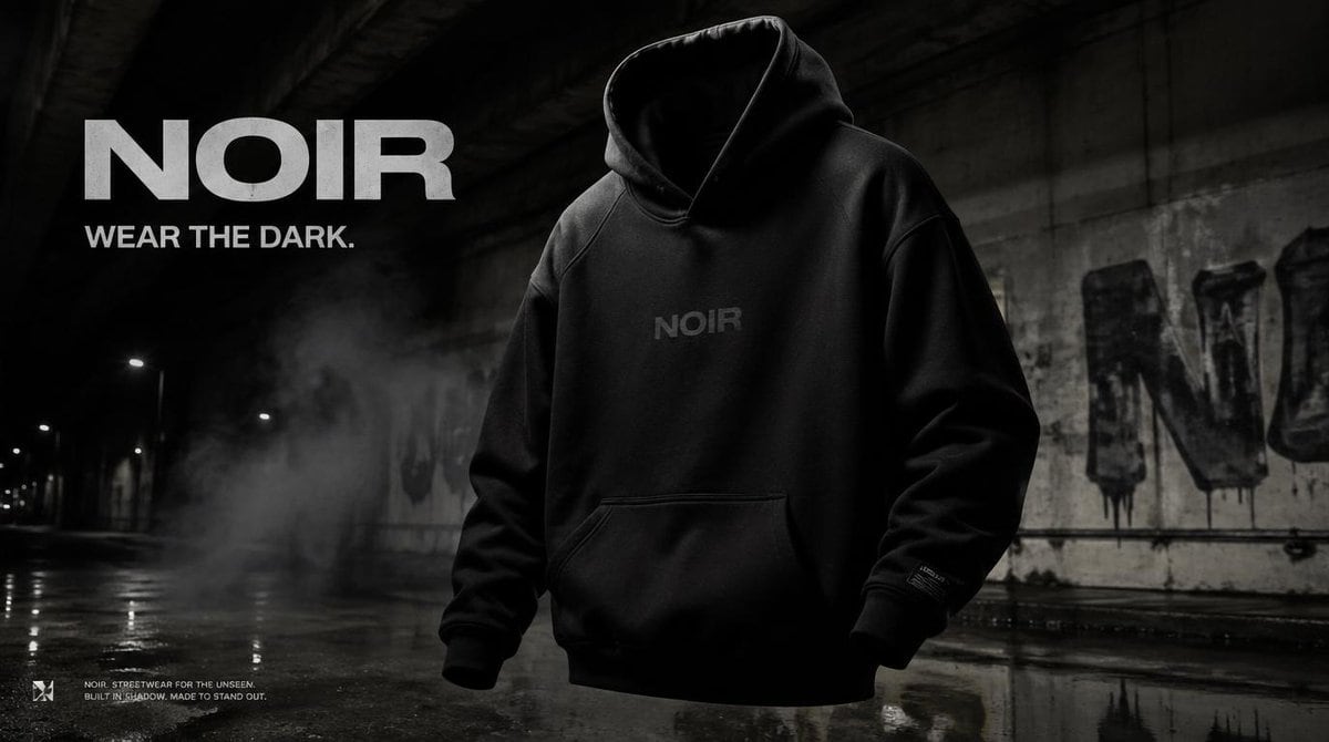 Create a premium, highly realistic 1:1 campaign poster for NOIR, a modern streetwear brand. Show one hero oversized hoodie as the main focus against a gritty urban backdrop with wet concr...
