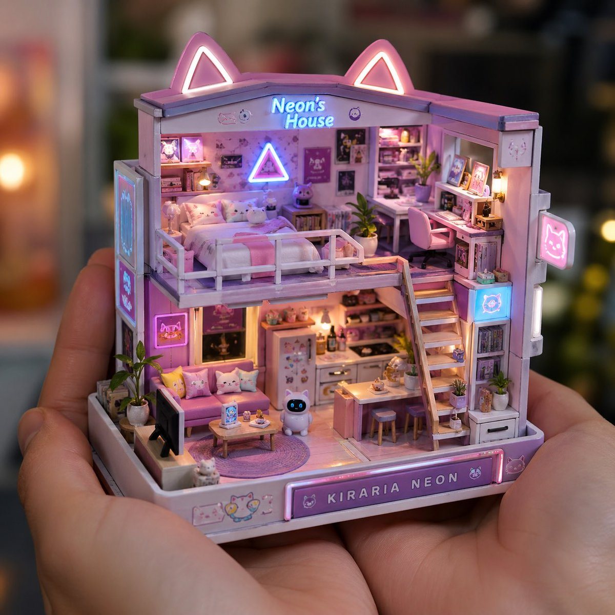 A realistic close-up photograph of a person holding a tiny handcrafted miniature dollhouse in both hands. The miniature is highly detailed and fully assembled, showing tiny furniture, she...