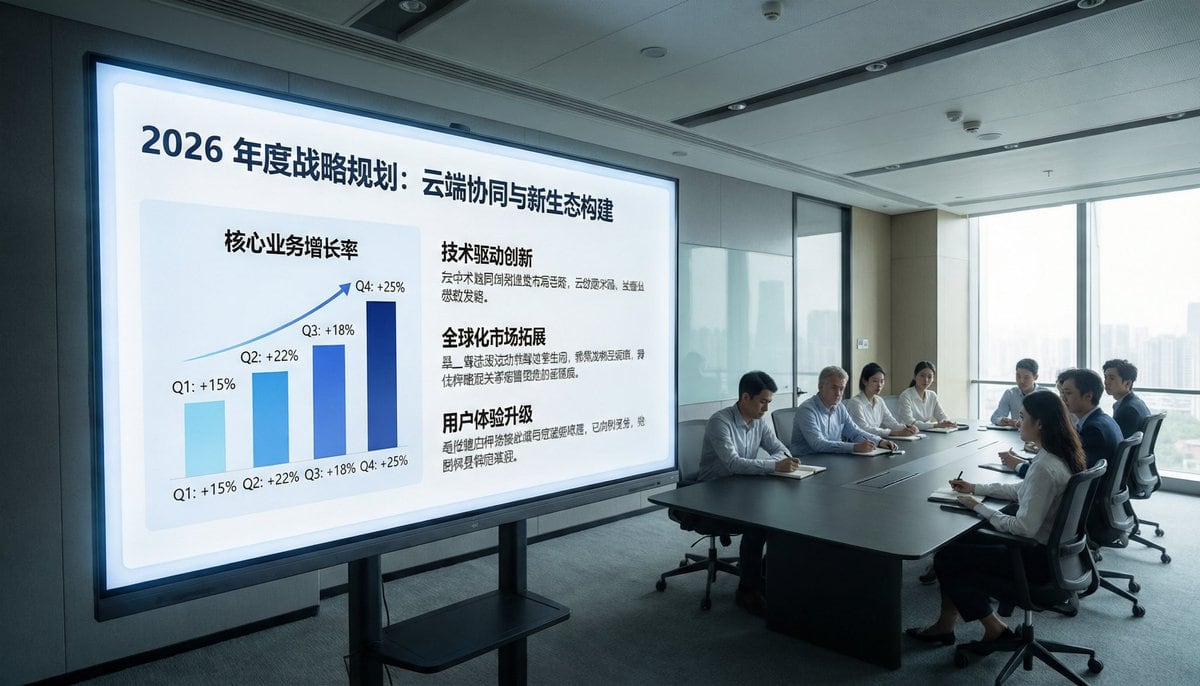 Using the provided reference image, recreate the same business meeting as a polished, high-end corporate publicity photo from a new angle. Move the viewpoint closer to the presentation sc...