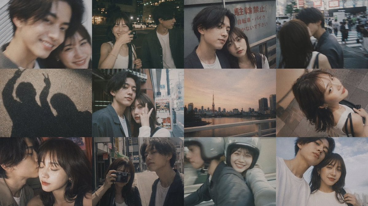 A moody 4-by-3 photo collage made of 12 candid smartphone-style snapshots of a young couple during summer nights in Tokyo, shot with a nostalgic film look, soft grain, muted colors, sligh...