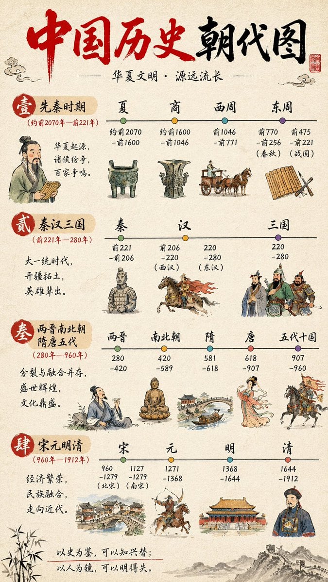 一份详尽的四段式纵向信息图，通过水墨插画和时间轴节点梳理中国历代王朝。