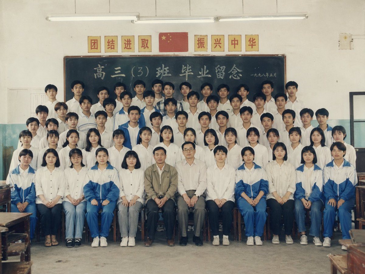 一个简单的一句话提示词，可生成一张极具真实感的 90 年代中国高中教室毕业照。