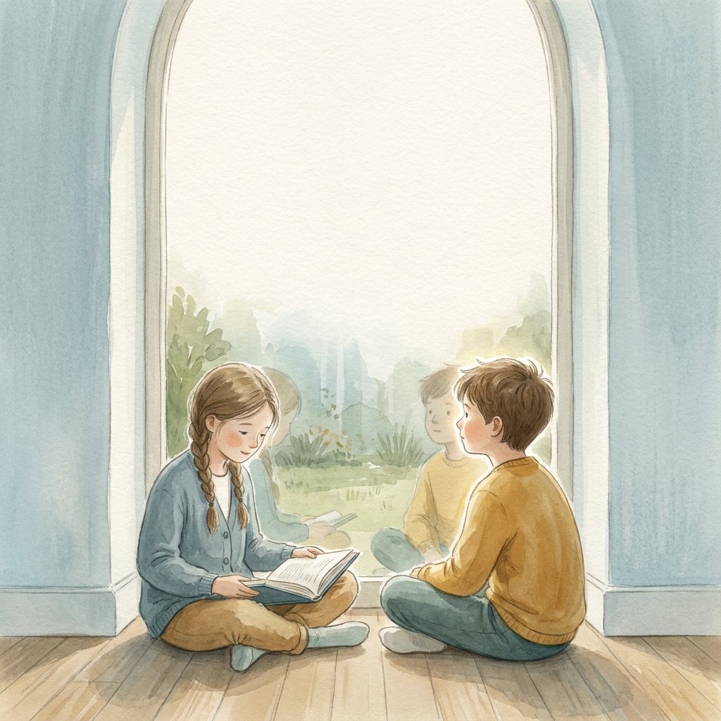 Soft poetic children's book illustration with watercolor and gouache textures. Clear gentle daylight. Muted pastel colors with soft blue and warm tones. Visible brush strokes and paper gr...