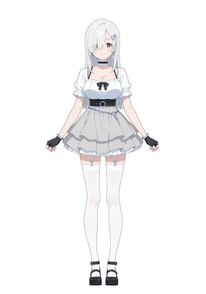 A full-body anime girl character design standing centered on a plain light gray background, facing forward in a neutral symmetrical pose with both arms slightly lowered and hands relaxed...