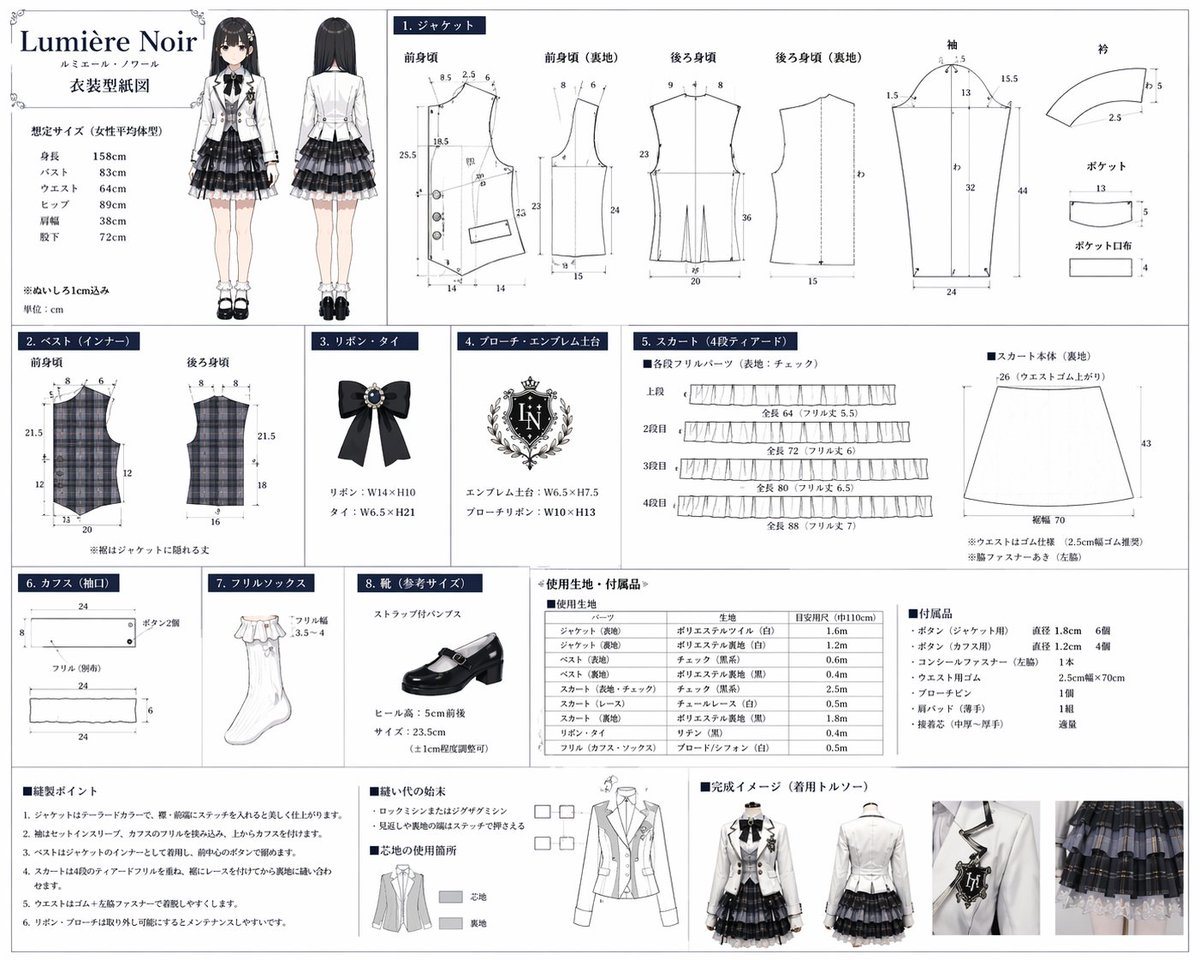 Ready-to-edit costume design and sewing pattern reference sheet image prompt.