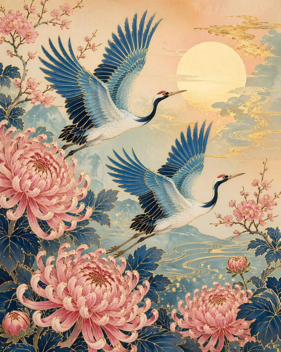 一份详细的提示词，用于创作传统日式风格艺术，画面包含蓝色仙鹤与粉色菊花，并辅以优雅的金色轮廓和柔和的渐变色。