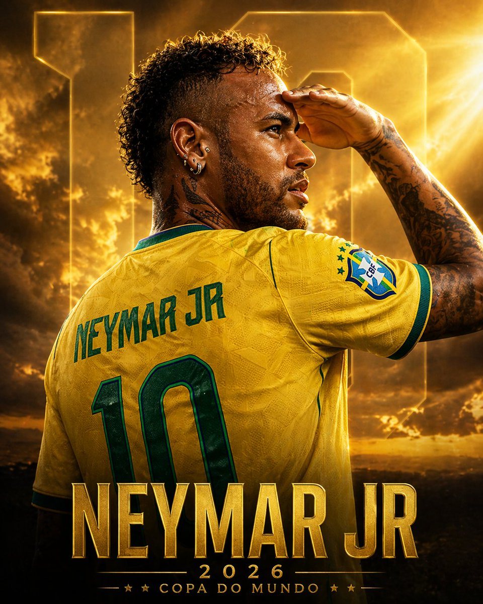 A dramatic cinematic sports poster of Neymar Jr seen from behind wearing the Brazil national team home jersey, bright yellow with green trim, the name NEYMAR JR across the shoulders and t...