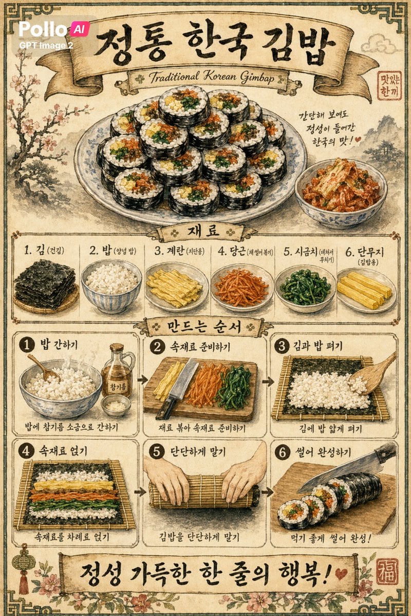Create a vintage Korean food poster infographic on aged beige parchment paper with worn texture, darkened edges, subtle stains, and an ornate traditional frame in muted green. The design...