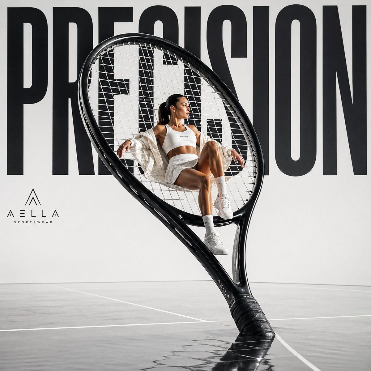 Avant-garde sports fashion advertisement, oversized tennis racket positioned like monumental sculpture, female athlete seated casually on the strings as if a suspended lounge, giant word...
