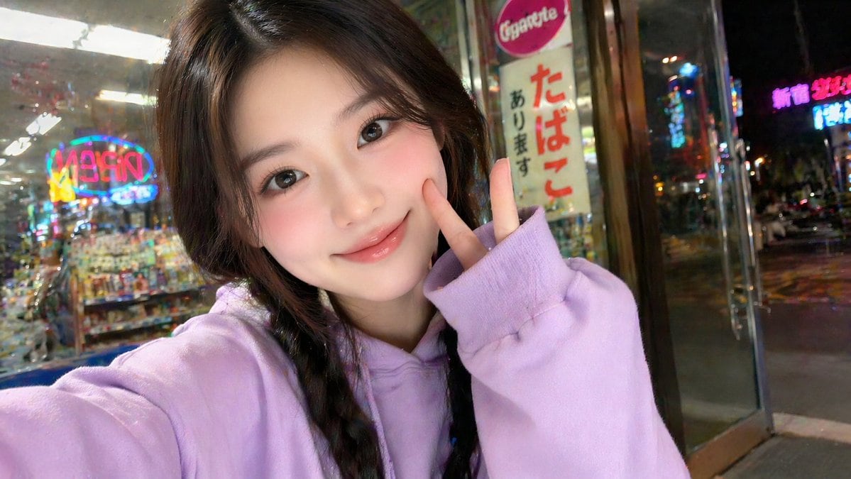 A 22-year-old East Asian girl, round youthful face, large bright doe eyes with natural lashes, rosy cheeks, soft pink lip gloss, two-strand loose braids with baby hairs. Wearing a pastel...
