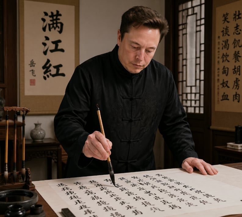 A realistic indoor portrait of Elon Musk standing at a traditional Chinese writing desk, practicing brush calligraphy on a large sheet of rice paper. He wears a black Tang-style Chinese j...