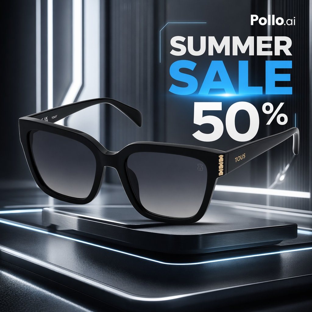 A sleek high-end ecommerce product advertisement featuring a pair of glossy black designer sunglasses centered on a futuristic metallic pedestal with rounded corners and glowing blue-whit...