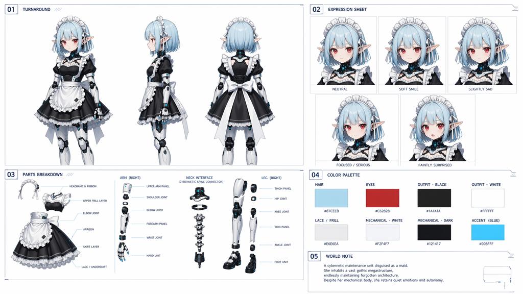Ready-to-edit anime character design document image prompt.