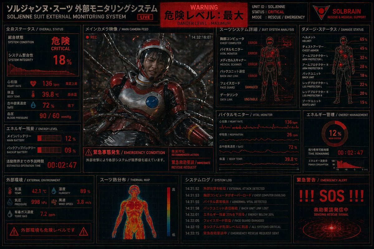 Create a dense futuristic Japanese sci-fi emergency HUD screen, a full-screen suit telemetry dashboard for SOLJENNE. Black background with glowing red and orange interface graphics, thin...