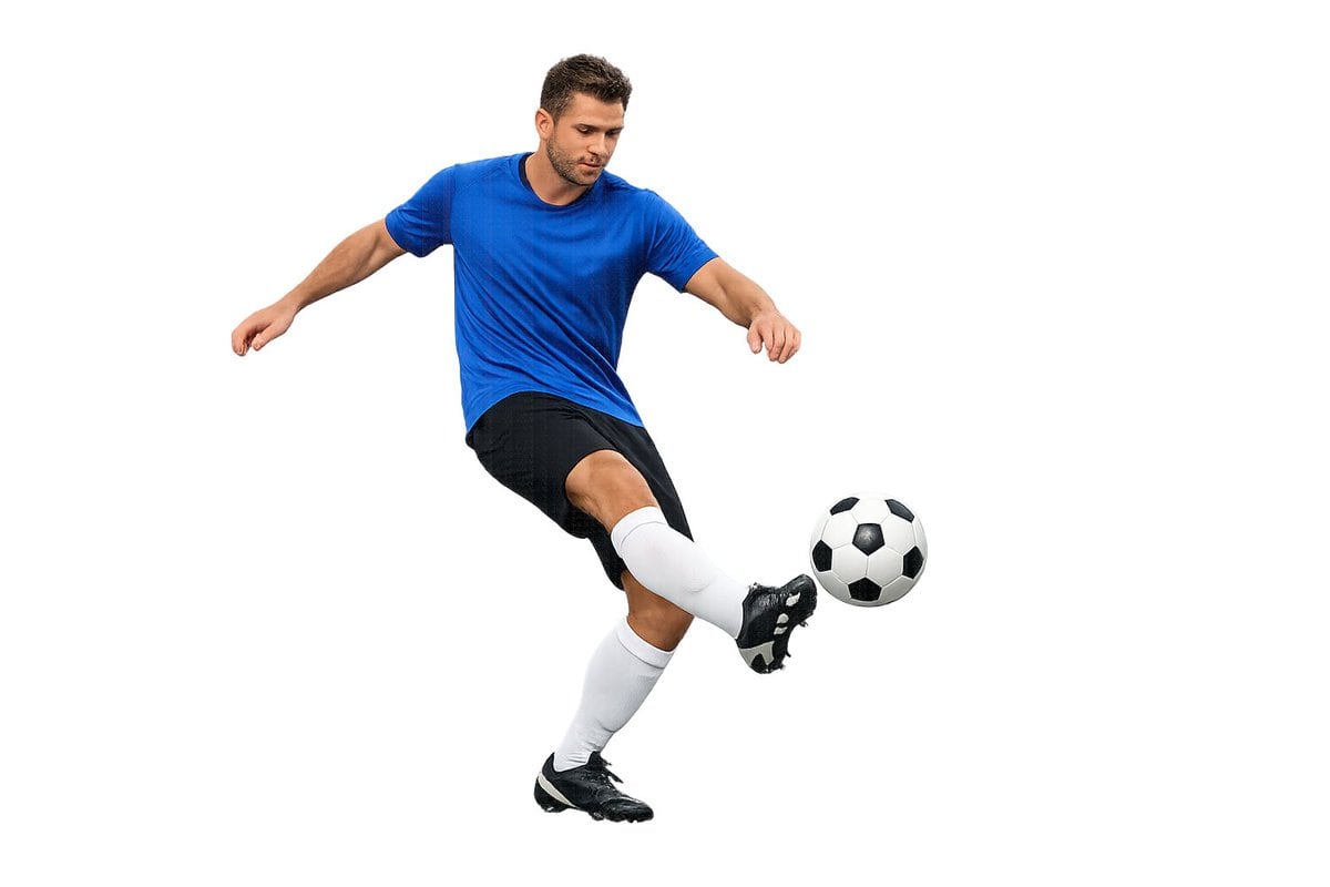 Create a transparent background image of a man playing soccer, 3:2 aspect ratio.