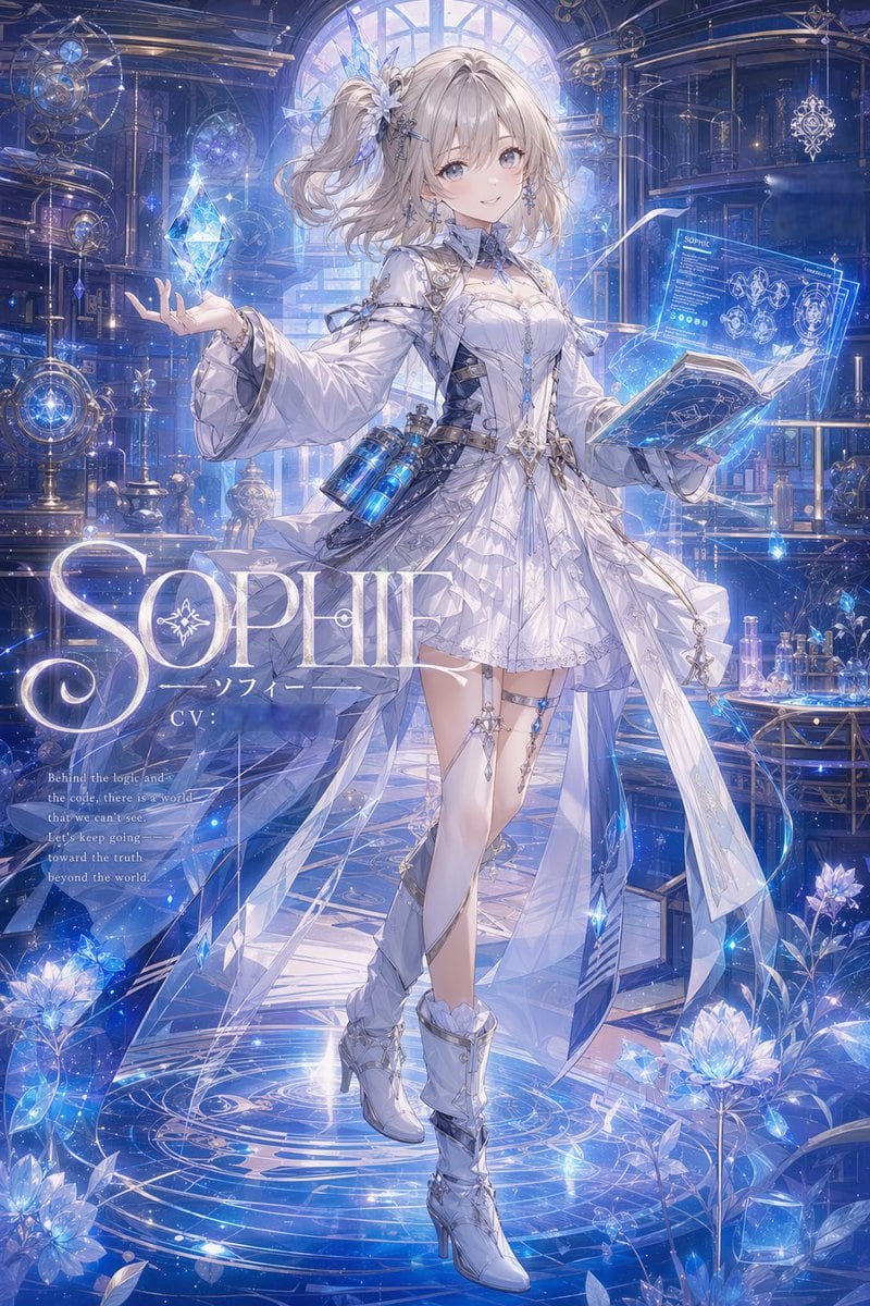 A highly embellished full-body anime fantasy illustration of SOPHIE, a young elegant female alchemist-mage standing in the center of a vast celestial library laboratory. She has platinum...