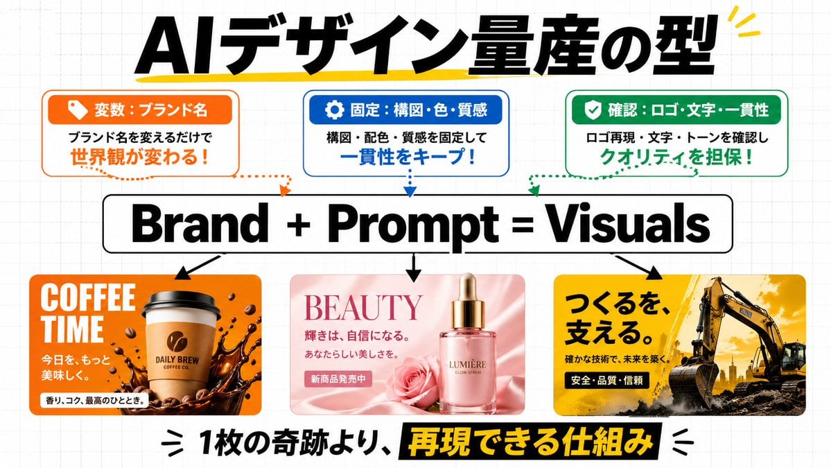 A bold Japanese infographic for social media explaining a repeatable AI design workflow with three process boxes, a central formula, and three branded visual ad examples.