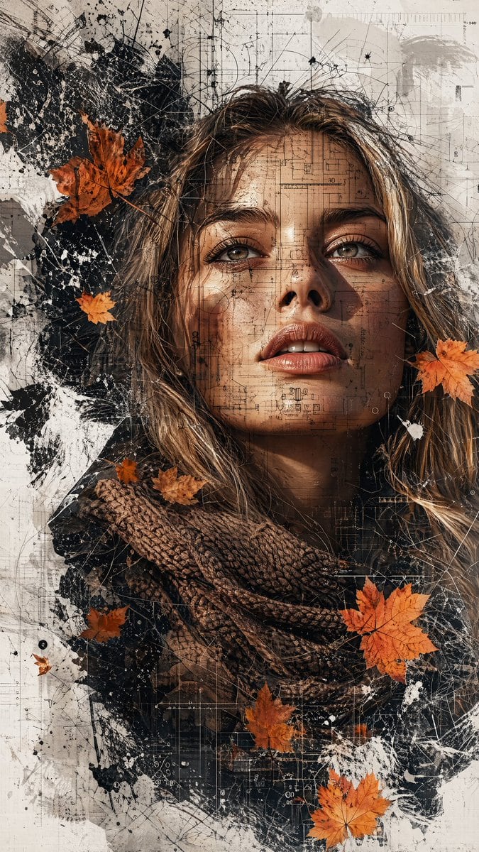 A cinematic, high-fashion portrait of a young woman gazing slightly upward with a contemplative expression. The composition blends fine art and multimedia collage—her face subtly layered...