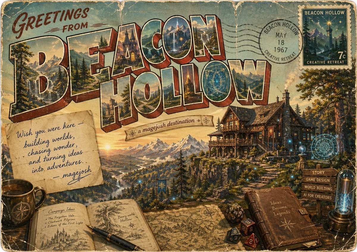 Create a vintage fantasy travel postcard poster for BEACON HOLLOW, designed like a large-letter souvenir postcard from the 1950s–1960s. The composition is a single richly detailed horizon...