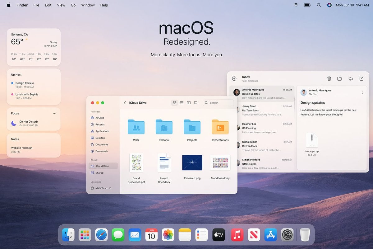 A polished Apple-style macOS promotional desktop mockup shown as a full-screen screenshot, with a soft pastel dawn wallpaper of layered purple-blue rolling hills under a pale peach and la...