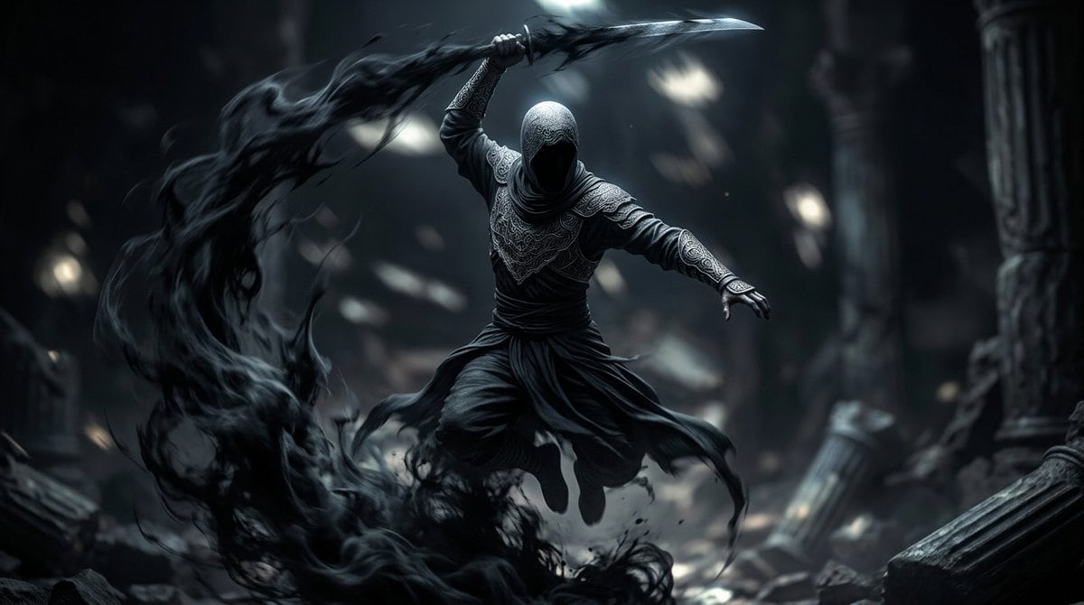 A cinematic dark-fantasy action scene inspired by Assassin's Creed, showing a single hooded assassin-like warrior suspended mid-leap inside a ruined ancient temple. The figure is centered...