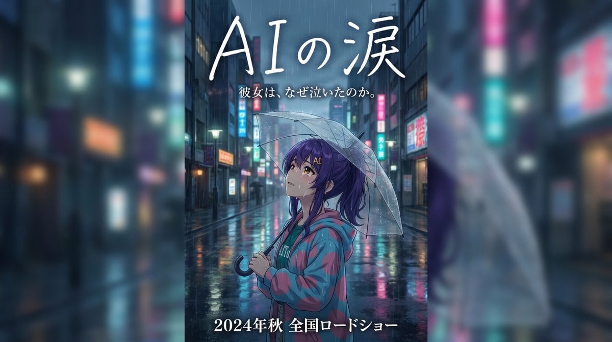 Create an emotional Japanese movie trailer banner poster in a tall vertical composition, cinematic anime illustration style, set on a rainy nighttime city street in Japan filled with wet...