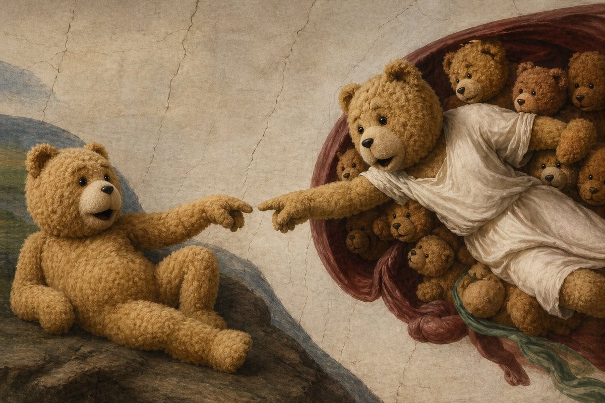 A whimsical high-detail oil-painting parody of Michelangelo’s Creation of Adam, but all human figures are replaced by teddy bears. On the left, a single plush teddy bear sits reclined on...