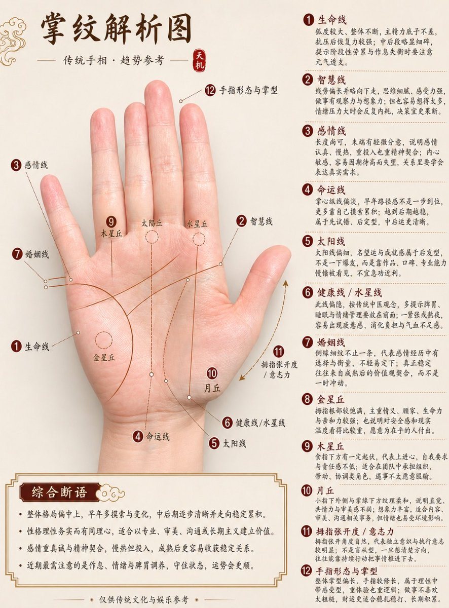 一份用于创作高清中文手相分析图的综合提示词。它复刻了传统美学风格,包含宣纸纹理、书法字体以及针对生命线、智慧线等掌纹的详细标注。