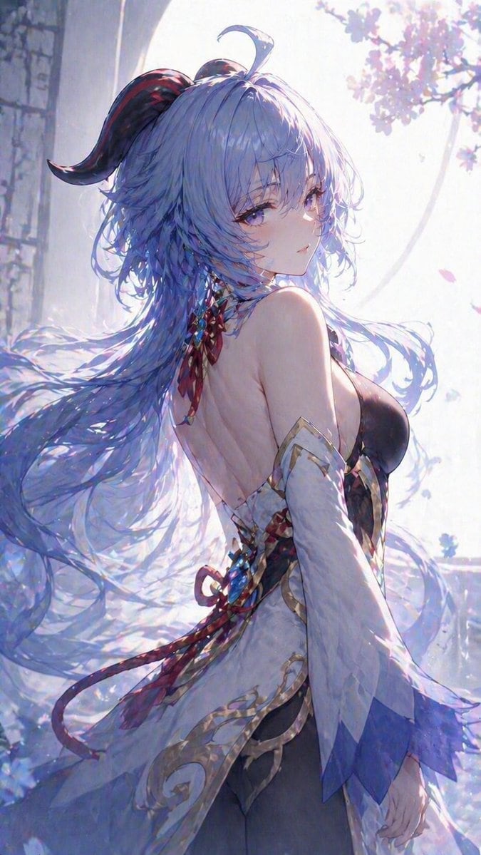 This prompt generates a soft, luminous anime-style fantasy character portrait, ideal for creating elegant vertical key art or character illustrations with flowing hair and a dreamy spring atmosphere.