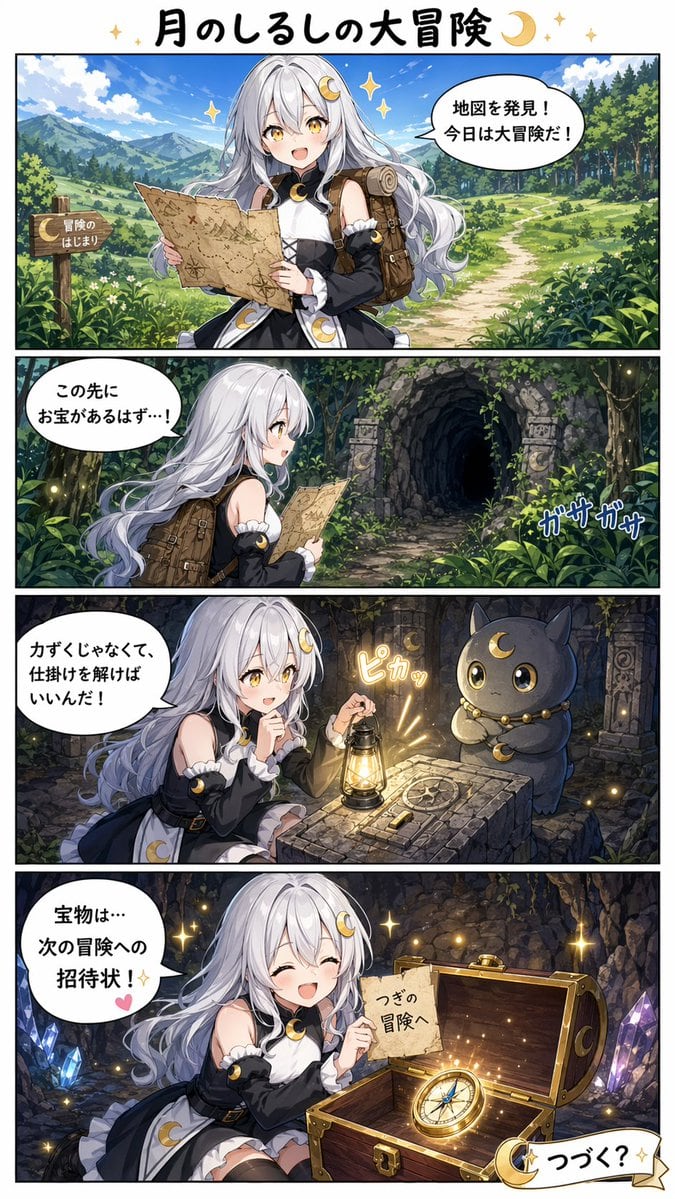一个四格奇幻动漫漫画页面，展示了一位银发月亮主题少女发现地图、解开洞穴谜题并找到通往下一场冒险的魔法邀请函的过程。