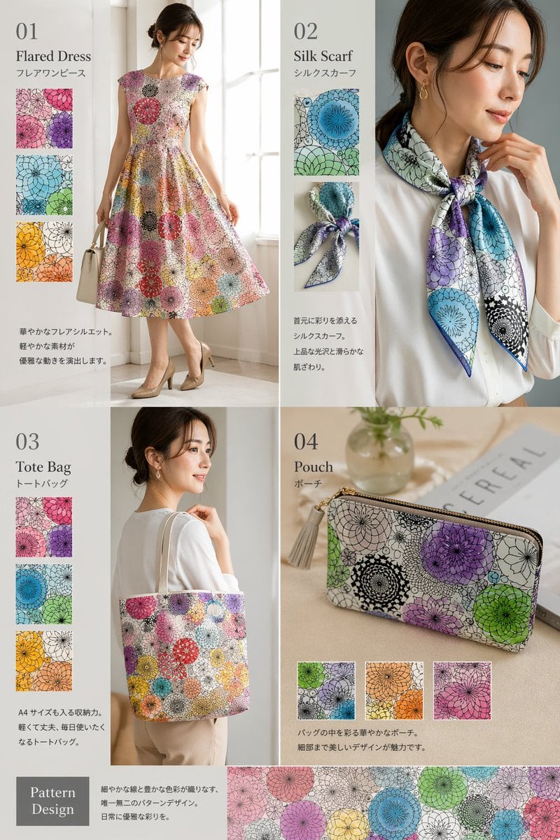 Generates a multi-panel fashion catalog showcasing different products featuring a unified pattern design.
