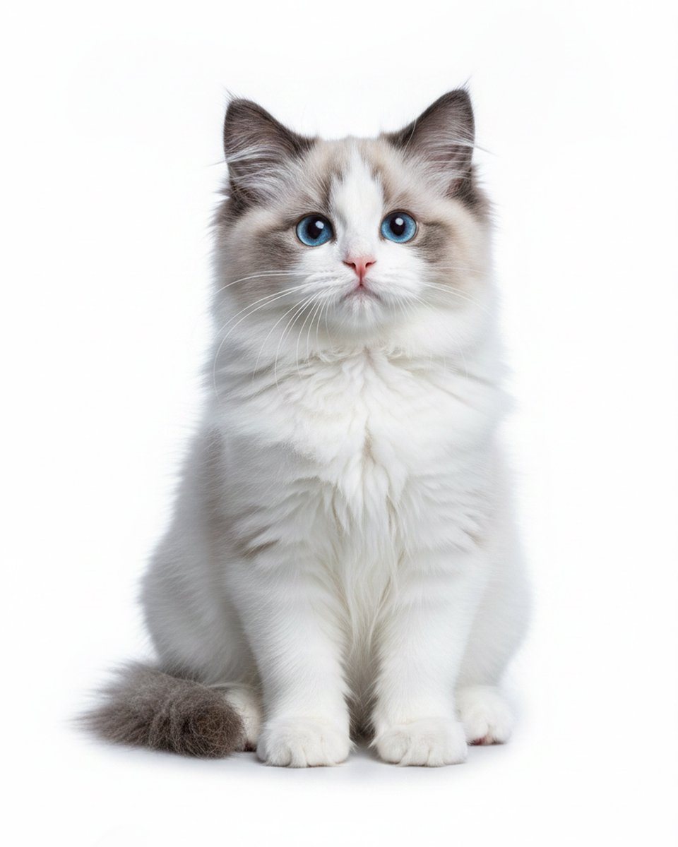 A centered studio portrait of a fluffy ragdoll kitten sitting upright and facing directly toward the camera on a seamless pure white background. The kitten has long, soft, luxurious fur w...