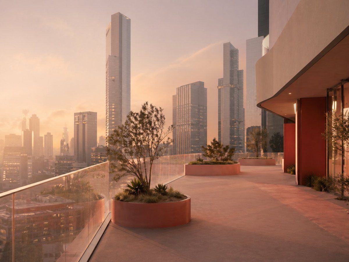 This prompt generates a photorealistic modern residential terrace with planters and a city skyline at golden hour, ideal for architectural visualization or luxury real estate imagery.