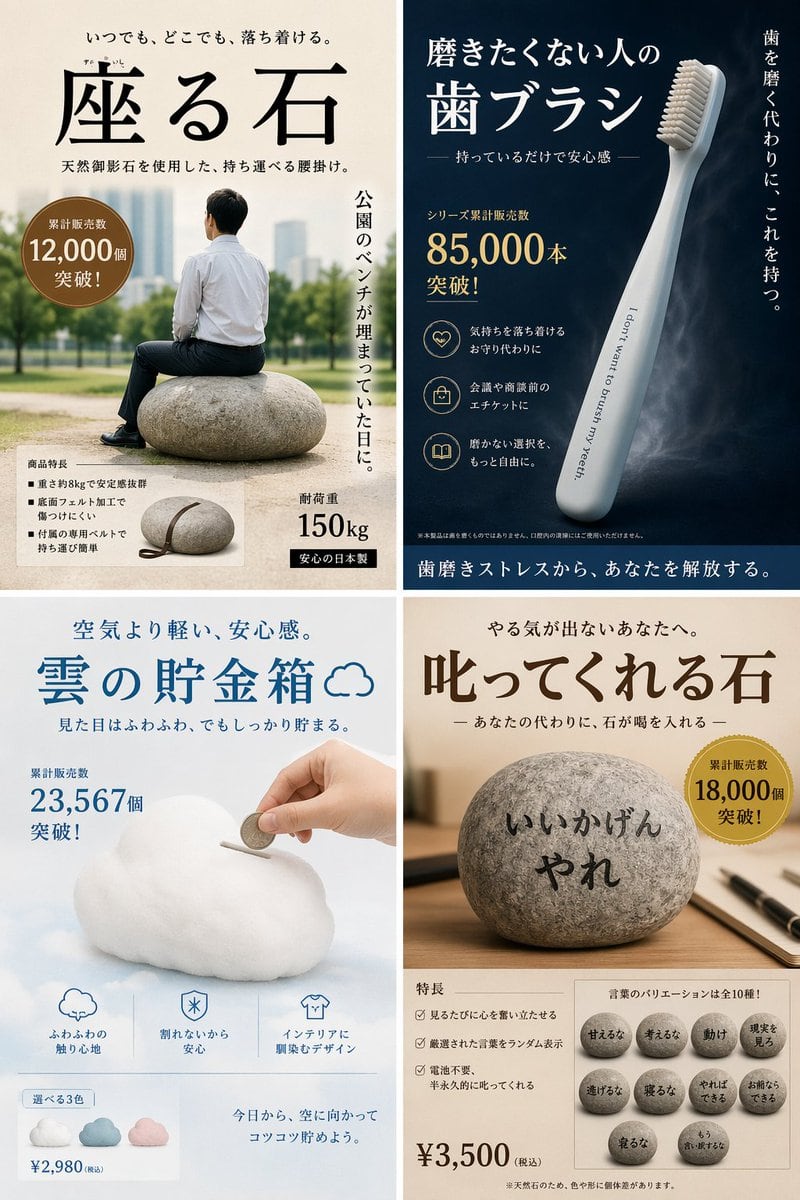 Generates a 4-panel grid of humorous, fictional product advertisements with detailed Japanese typography, badges, and feature lists.