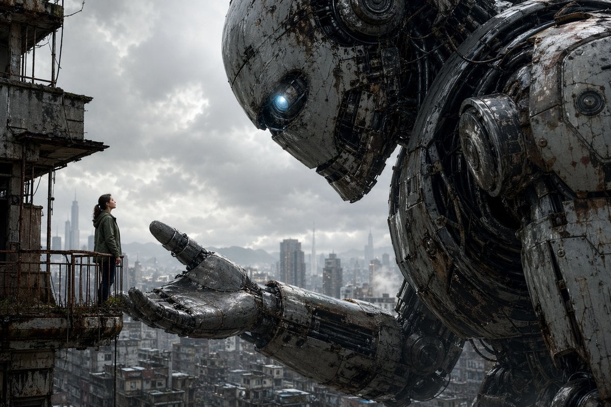 A cinematic ultra-detailed dystopian sci-fi scene showing a colossal humanoid robot leaning in toward a lone woman standing on a small rusted balcony attached to a crumbling concrete high...