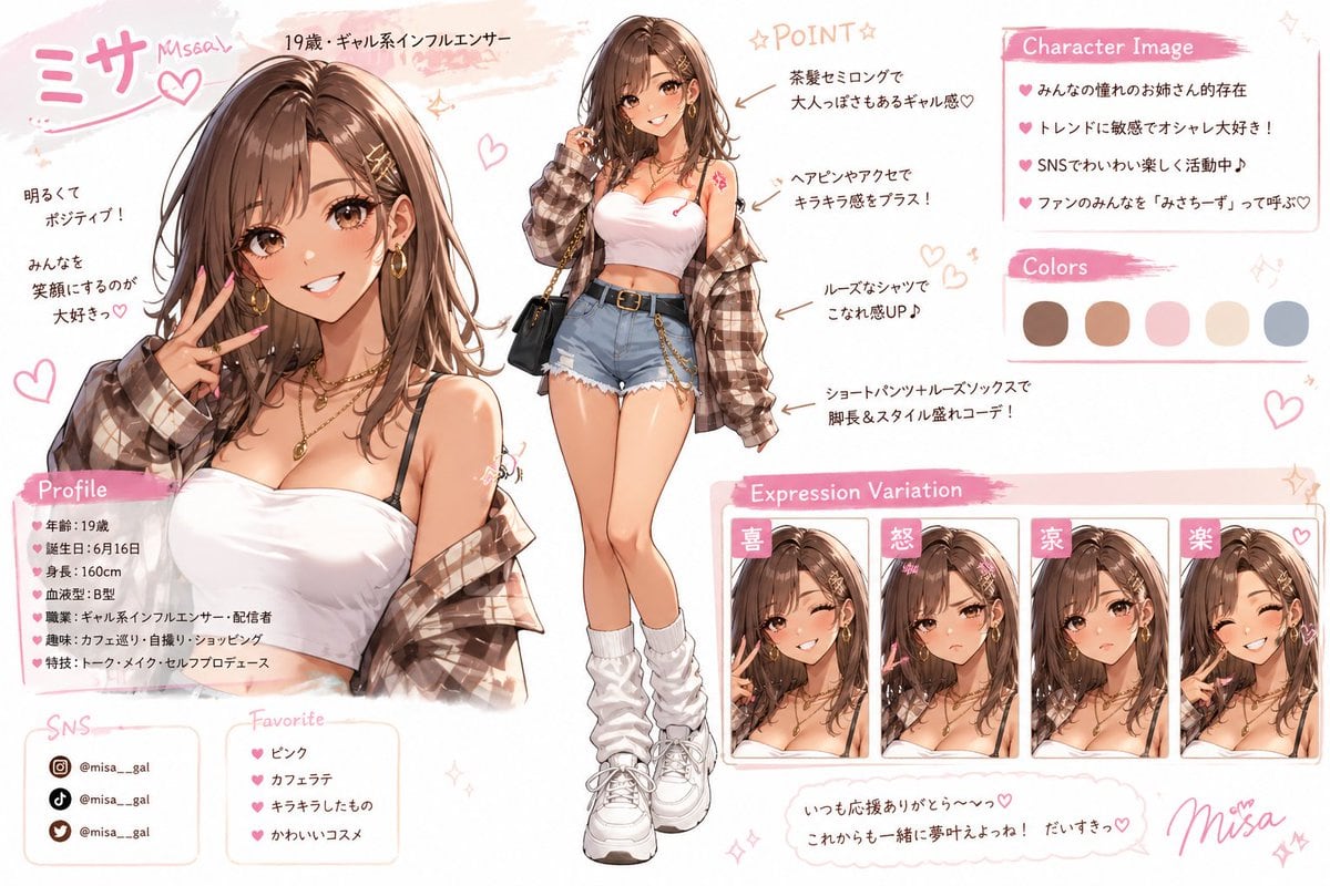 This prompt generates a polished anime-style Japanese character reference sheet for a trendy gyaru influencer, useful for OC design boards, VTuber concepts, or social-media-themed character branding.