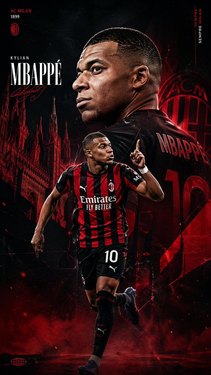 一张极具视觉冲击力的竖版足球宣传海报，展示了身着 AC Milan 球衣的明星球员，非常适合用于转会官宣、球迷创作及体育营销视觉设计。