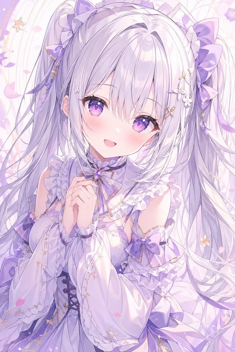 A delicate vertical anime portrait of a dreamy young woman in an ethereal pastel lavender palette, shown from about mid-thigh up against a soft decorative background of pale swirling line...